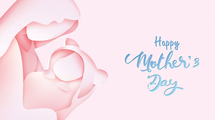 Happy mother's day greeting card. Paper cut style beautiful Mum smiling and holding healthy baby with full of happiness in pink background. Vector illustration. Copy space for text banner. - Vector