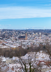 View at Barmherzigenkirche church facade in old town, Sunny winter day in city centrum. Tourist destination, things to see.