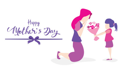 Obraz na płótnie Canvas Happy mother's day! Child daughter congratulates mom and gives her flowers tulips. Mum smiling and surprising. Vector illustration flat design style. - Vector