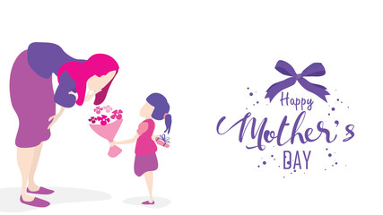 Happy mother's day! Child daughter congratulates mom and gives her flowers tulips. Mum smiling and surprising. Vector illustration flat design style. - Vector
