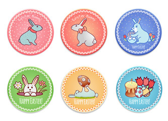 Round card with a bright Easter ornament. Easter bunny, cake, candle, colorful eggs. Post stamp. Isolated on white background. Vector illustration.