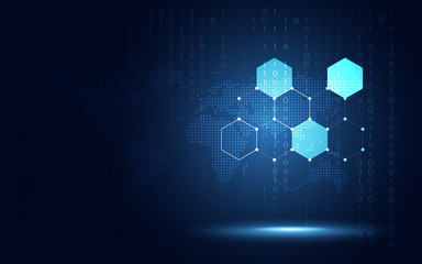 Futuristic blue hexagon honeycomb abstract technology background. Artificial intelligence digital transformation and big data concept. Business quantum internet network communication concept