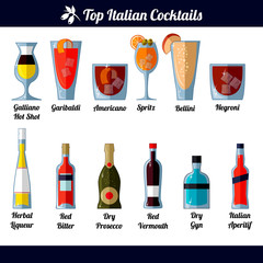 Italian cocktails and ingredients. Isolated objects on white background.