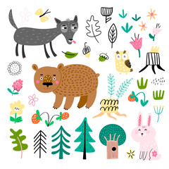 Vector set of children's drawings - forest animals and plants. Doodle style. Ideal for childs decoration. Forest set
