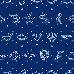Under the sea seamless pattern vector. shark, various of fishes, Nautical Creatures, sea horse, turtle And Other Elements. 