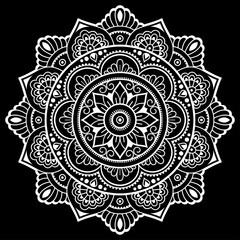 Circular pattern in form of mandala with flower for Henna, Mehndi, tattoo, decoration. Decorative ornament in ethnic oriental style. White drawing on black background.