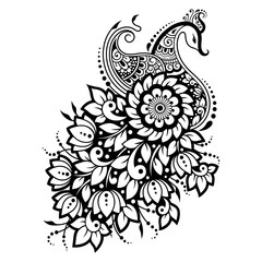 Mehndi flower pattern with peacock for Henna drawing and tattoo. Decoration in ethnic oriental, Indian style.