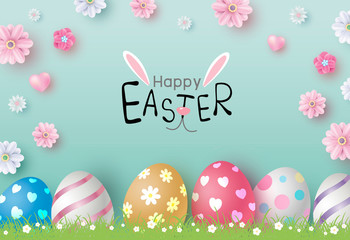 Easter day design of eggs and flowers on color paper background vector illustration