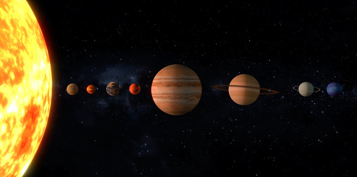 Planets on the solar system in a line. 3D rendering, elements of this image furnished by NASA