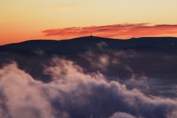 Fantastic winter landscape in snowy mountains. Inversion weather. Christmas holiday concept. Praded, Jeseniky mountains, Czech republic, Europe. Beautiful panorama