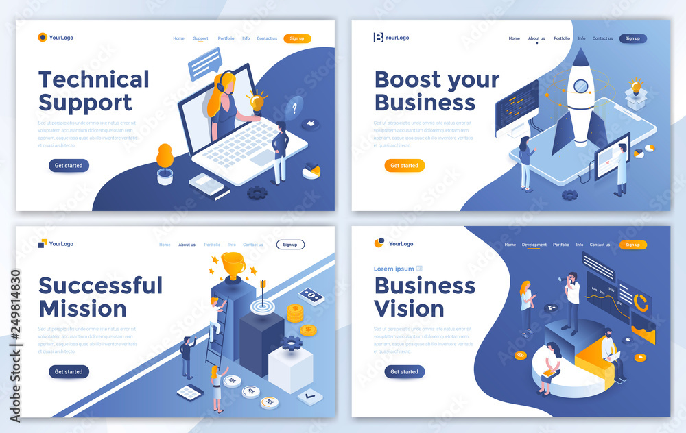 Aufkleber set of landing page design templates for technical support, boost your business, successful mission 
