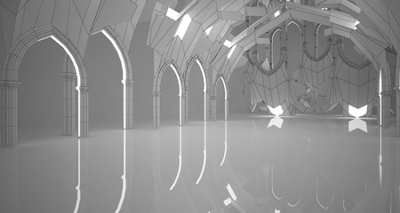 Abstract drawing white gothic interior multilevel public space with window. 3D illustration and rendering.