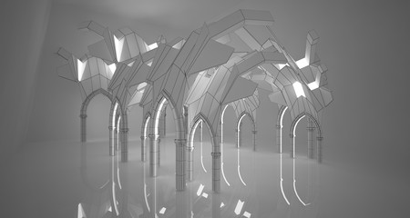 Abstract drawing white gothic interior multilevel public space with window. 3D illustration and rendering.