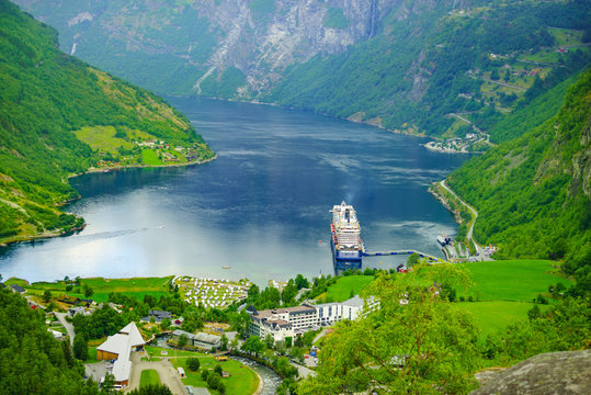 Ferryboat On Fjord, Geiranger Village Norway.