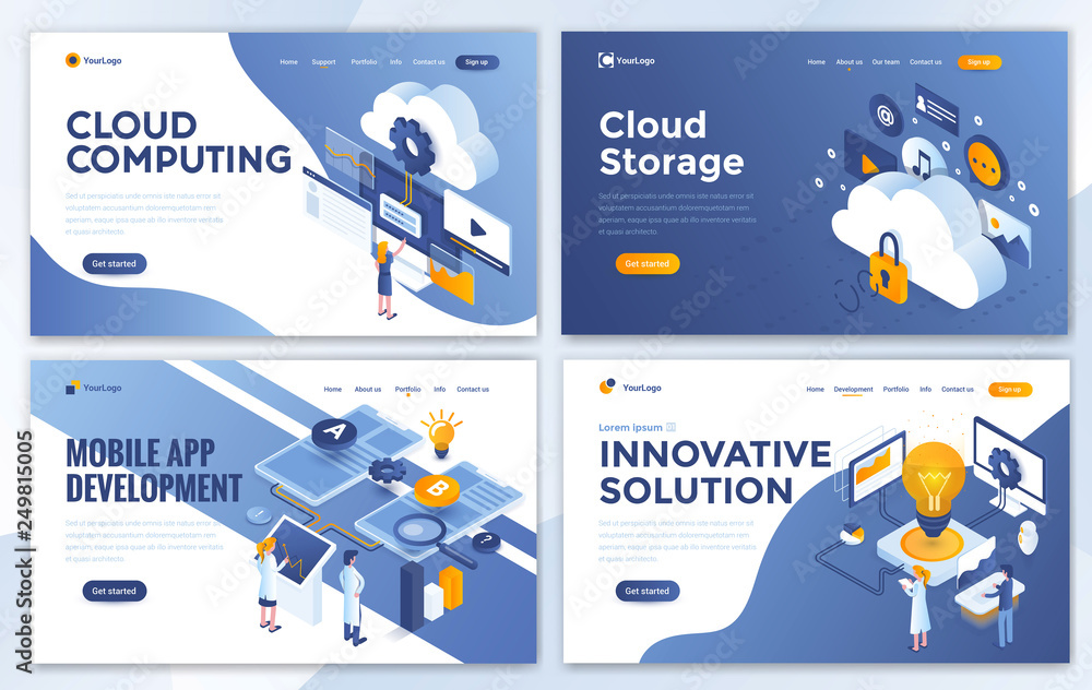 Poster set of landing page design templates for cloud computing, cloud storage, mobile app development and 