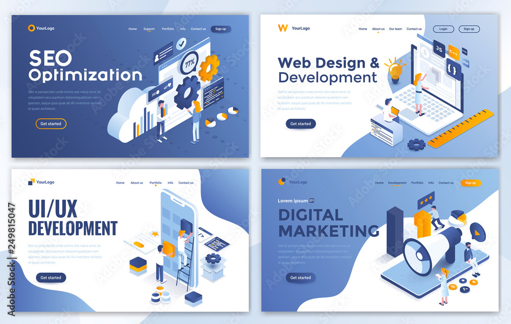 Poster set of landing page design templates for seo, web design, ui development and digital marketing. easy