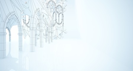 Abstract drawing white gothic interior multilevel public space with window. 3D illustration and rendering.