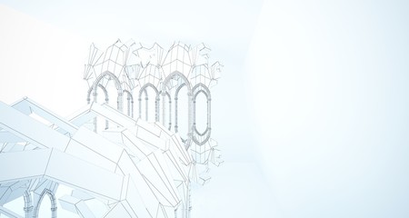 Abstract drawing white gothic interior multilevel public space with window. 3D illustration and rendering.