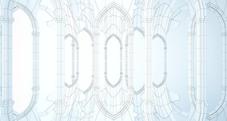 Abstract drawing white gothic interior multilevel public space with window. 3D illustration and rendering.