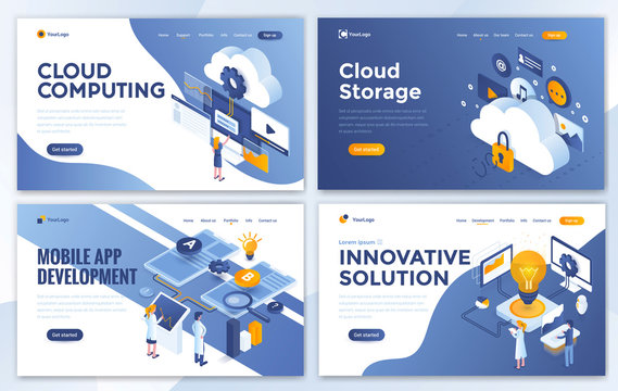 Set of Landing page design templates for Cloud Computing, Cloud Storage, Mobile app Development and Innovative Solution. Easy to edit and customize. Modern Vector illustration concepts for websites