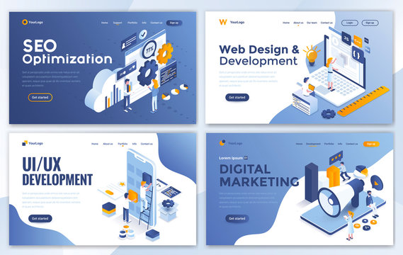 Set Of Landing Page Design Templates For SEO, Web Design, Ui Development And Digital Marketing. Easy To Edit And Customize. Modern Vector Illustration Concepts For Websites Set