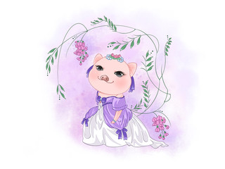 Piggy illustration, lovely dress and wisteria flowers.