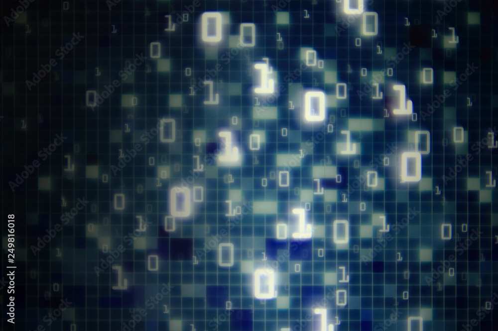 Poster Matrix Futuristic space theme multiple exposure binary numbers moving down from top of the frame on blue and black background. blue block pixel for computer data transfer information concepts.