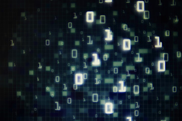 Matrix Futuristic space theme multiple exposure binary numbers moving down from top of the frame on blue and black background. blue block pixel for computer data transfer information concepts.