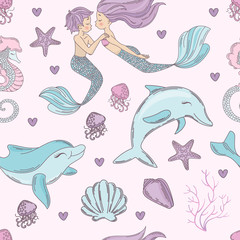 HAPPY DOLPHIN Mermaid Wedding Underwater Sea Ocean Travel Cruise Seamless Pattern Vector Illustration for Print, Fabric and Decoration.