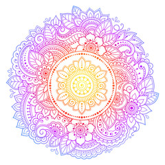 Circular pattern in form of mandala with flower for Henna, Mehndi, tattoo, decoration. Decorative ornament in ethnic oriental style. Rainbow design on white background.