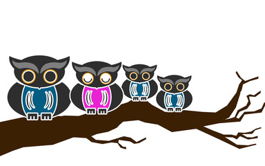 Owl family sitting on a tree branch