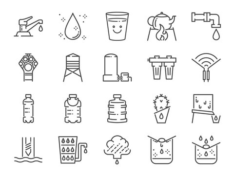Clean water line icon set. Included icons as drink, drinkable, filter, purifiers, moisture and more.