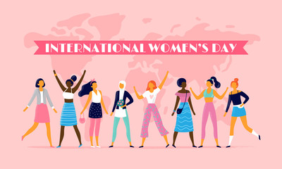 International womens day. Celebrating eight march, sisterhood community and multinational female people vector flat illustration