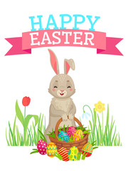 Easter greeting card. Cute bunny, colorful eggs and spring flowers. Happy easter cartoon vector illustration