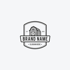 Farm House concept logo. Template with farm landscape. Label for natural farm products. Black logotype isolated on white background. Vector illustration. - Vector