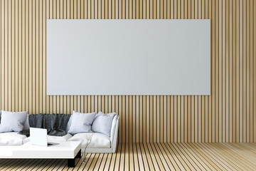 3D Rendering : illustration of white picture frame hanging near sofa against wooden wall and floor. living room interior design. frame mock up. soft light. teen hipster interior style. clipping path