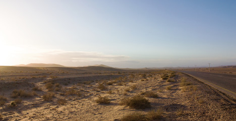 Highway through scenic desert of Jordan. High voltage powerlines along asphalt road in arid valley. Early morning in wilderness after sunrise. Electric power poles. Horizontal.