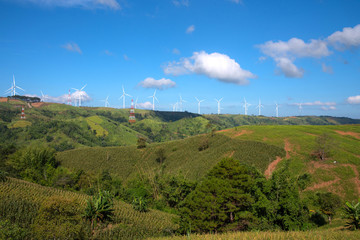 Landscape view of windmill farm in the mountains at Khao Kor, Thailand. Wind turbines for power and energy.