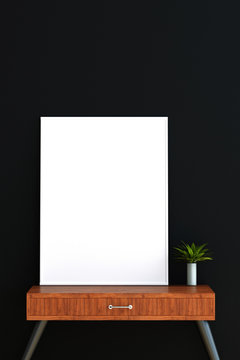 3D Rendering : illustration of modern interior Creative designer office desktop with white poster frame put on wooden desk against wall. light from outside. loft cement wall background. clipping path