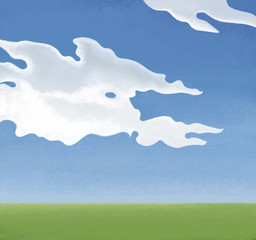 Obraz na płótnie Canvas White cumulus clouds in a blue sky over a green field. Background image