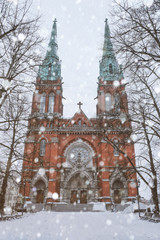 Church of St. John Lutheran Neo-Gothic style temple in the Finnish capital Helsinki in winter in snowfall
