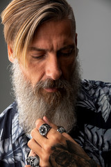 Extreme close up portrait of an attractive bearded man