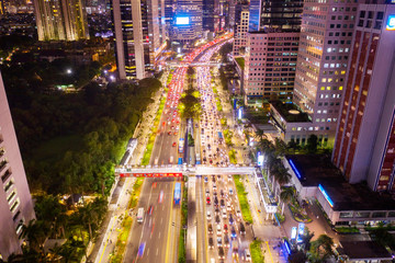 Sudirman road with heavy traffic at night night