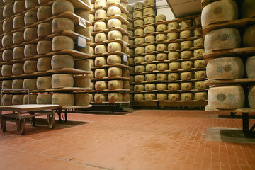 Abstract, blur, bokeh background, defocusing - image for the background. shelves of a cheese maturing warehouse