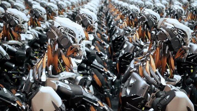 The camera flies past a squad of marching robot soldiers on a spaceship. Super realistic cinematic sci-fi animation