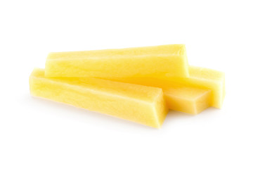 Raw Potato sliced strips prepared for French fries isolated over white background.
