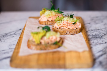 Smoked salmon pate on bread slices