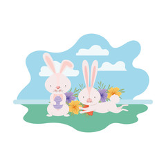easter bunnies with landscape isolated icon