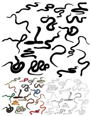 vector, isolated, set of snake crawling, collection of sketches and silhouettes