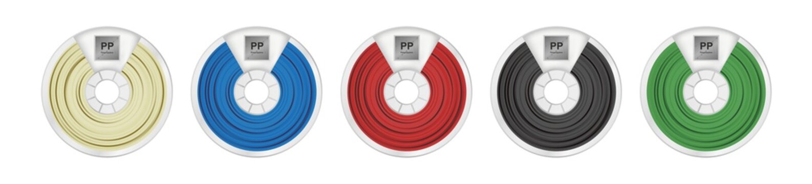 Vector set of five polypropylene filaments for 3D printing wounded on the spool with a name PP. Plastic material in several color variants &ndash; natural white, blue, red, black and green isolated on white